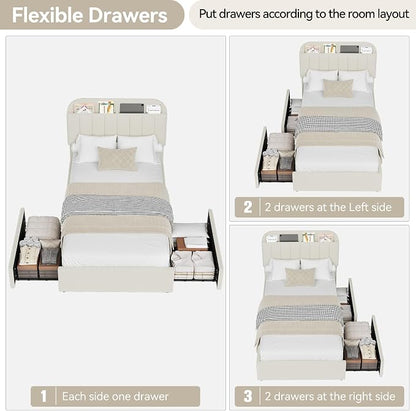 IDEALHOUSE Twin XL Bed Frame for Kids, Boucle Upholstered Platform Bed for Boys/Girls with 2 Flexible Drawers, Bookcase Headboard, Noise-Free, Easy Assembly, No Box Spring Needed, Beige