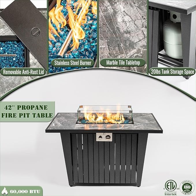 42" Propane Gas Fire Pit Table 50000 BTU Rectangular Outdoor Fire Pit with Marble Tile Tabletop Glass Wind Guard, Steel Patio Fire Table & Lid, Blue Glass Beads & Rain Cover for Backyard Garden, Gray