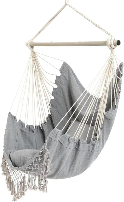 Hammock Chair, Hanging Rope Swing Seat with 2 Cushions,Macrame Hanging Chair Side Pocket with High Load-Bearing Metal Rod,for Indoor, Outdoor, Extra Comfortable