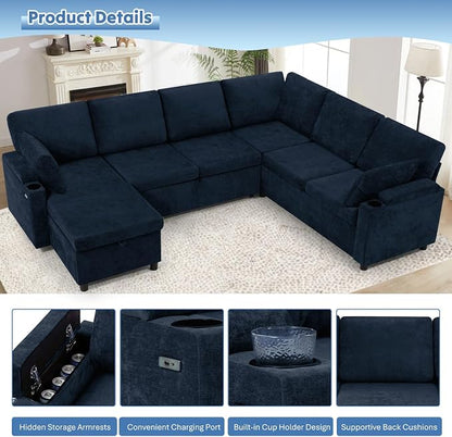 110" Chenille Sectional Sofa w/Pull Out Bed & Storage Chaise, Blue | Reversible U Shape Sofa w/Storage Armrests & Cup Holders, Corner Couch w/USB Charging Port & Throw Pillows for Living Room