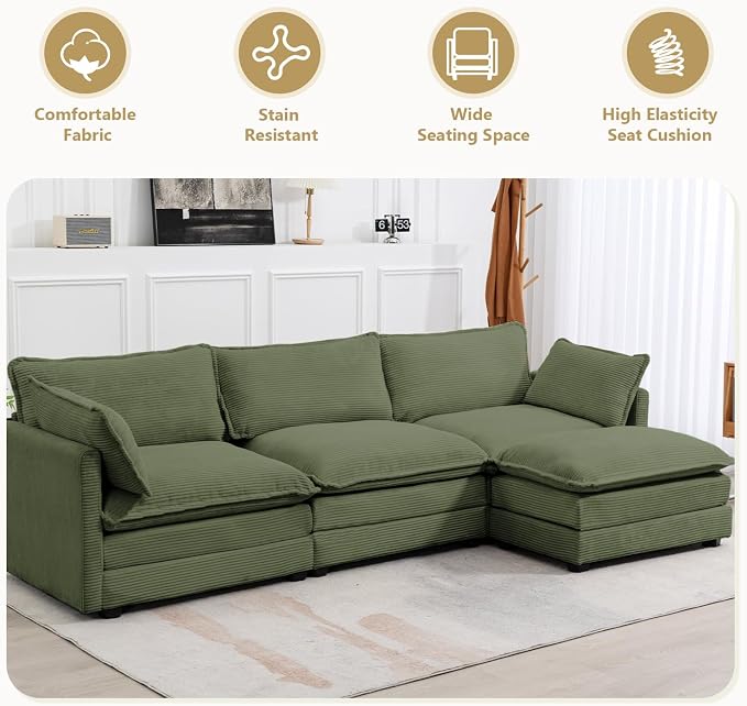 112'' Sectional Modular Cloud Couch, Oversized L Shaped 3 Seat Sofa with Movable Ottomans, 2 Throw Pillows, Upholstered Corduroy L Shape Comfy Deep Couches for Living Room and Office, Green
