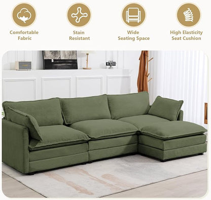 112'' Sectional Modular Cloud Couch, Oversized L Shaped 3 Seat Sofa with Movable Ottomans, 2 Throw Pillows, Upholstered Corduroy L Shape Comfy Deep Couches for Living Room and Office, Green