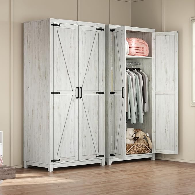 LUXOAK 70" Large Armoire Wardrobe Closet with Hanging Rod, Farmhouse Clothing Storage Cabinet with 2 Barn Doors, Wooden Tall Bedroom Armoires with Shelf, Distressed White