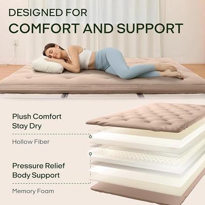 ZonLi Japanese Floor Futon Mattress Full Size 75"x 54", 100% Cotton Cover 2.5'' Thicken Tatami Mattress, Foldable Sleeping Pad, Portable Dormitory Tatami Mat(Khaki)