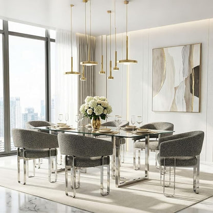 Grey Barrel Armchair, Boucle Dining Room Chairs, Modern Dining Chairs with Curved Backrest and Polished Chrome U-Shaped Legs, Set of 5