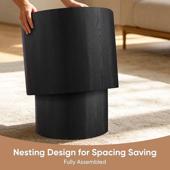 Nesting Round Coffee Table Set of 2, Circle Accent End Table for Small Spaces, Morden Drum Side Table, Wooden Center Table for Living Room, Fully Assembled - Black