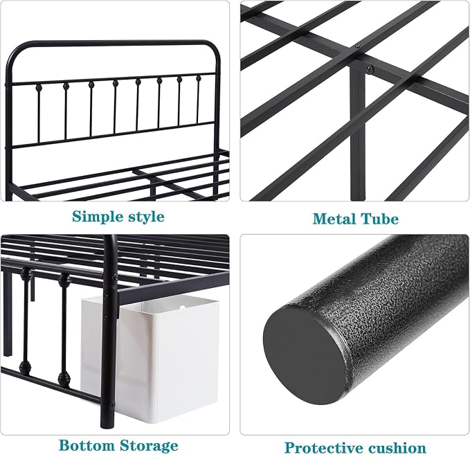 VECELO Queen Metal Platform Bed Frame with Headboard, Heavy Duty Steel Slat Support, Under Bed Storage,No Box Spring Needed, Easy Assembly，Victorian Style
