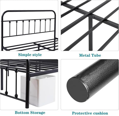 VECELO Queen Metal Platform Bed Frame with Headboard, Heavy Duty Steel Slat Support, Under Bed Storage,No Box Spring Needed, Easy Assembly，Victorian Style