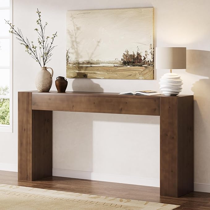 Solid Wood Console Table, 63-Inch Farmhouse Sofa Table Behind Couch for Entryway, Living Room, Foyer, Easy Assembly (Walnut)