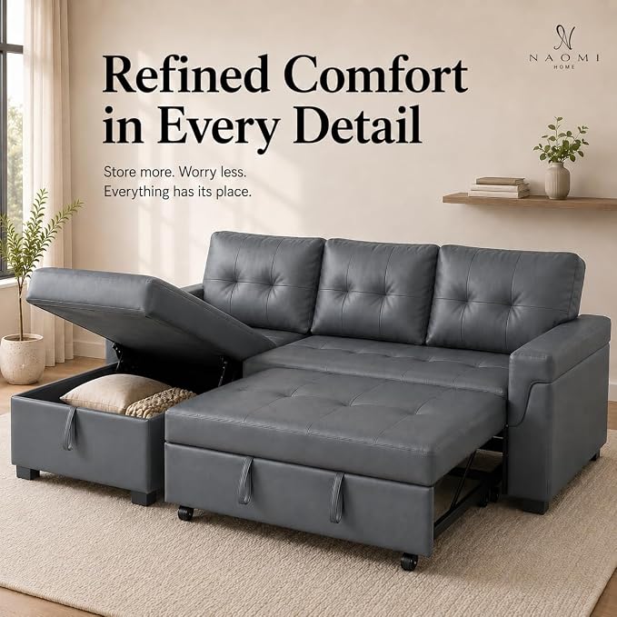 Naomi Home 84" L-Shaped Sectional Sleeper Sofa with Pull Out Bed | Sleeps Guests Comfortably, Stores Essentials in Chaise & Saves Space, Air Leather, Dark Gray Convertible Sofa Bed