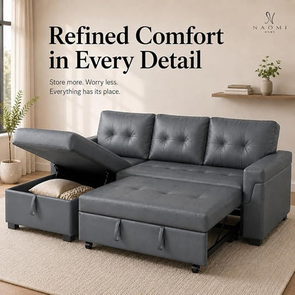 Naomi Home 84" L-Shaped Sectional Sleeper Sofa with Pull Out Bed | Sleeps Guests Comfortably, Stores Essentials in Chaise & Saves Space, Air Leather, Dark Gray Convertible Sofa Bed
