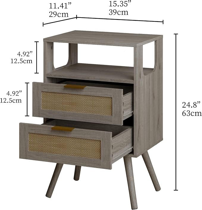 JOONEE Rattan Nightstand,Farmhouse Bedside Table with 2 Storage Drawer and Open Wood Shelf, for Bedroom and Small Spaces,Night Stand with Solid Wood Legs (Grey Oak)