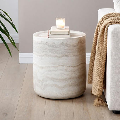 15.74" Small Round Side Table, Faux Marble Stone Coffee Table, French Country Rustic Circle End Table, Modern Minimalist Fiberglass Tea Table for Living Room Apartment Office, No Assembly