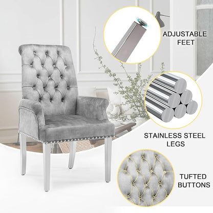 AODCHR Upholstered Velvet Accent Dining Chair, Elegant Tufted Dining Room Kitchen Room Arm Chair with Stainless Steel Leg, Light Grey