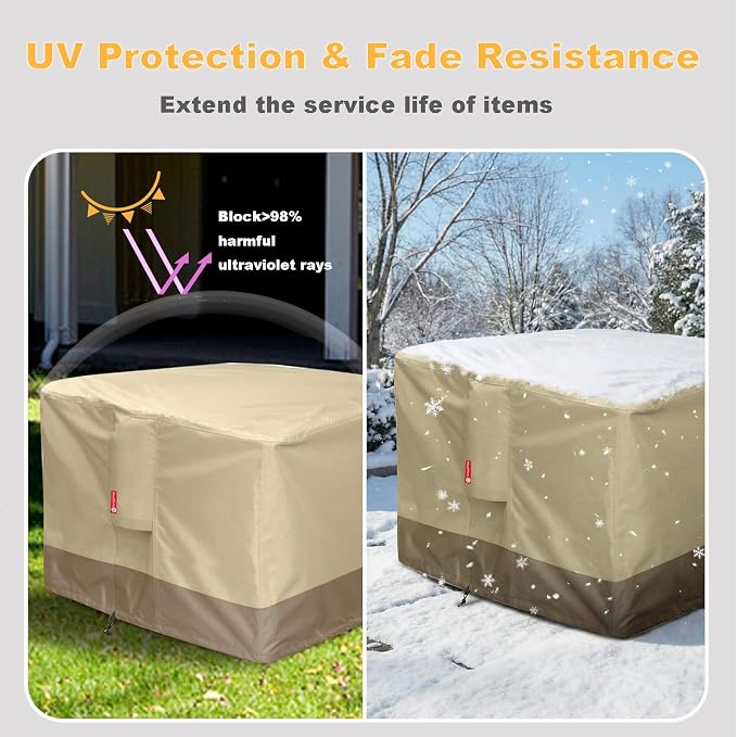 SheeChung Fire Pit Cover Square 28" L x 28" W x 25" H,Waterproof 600D Heavy Duty Outdoor Fire Pit Table Cover, Fits 24-28 Inch Square Fireplace,Gas Fire Pit Cover,Beige
