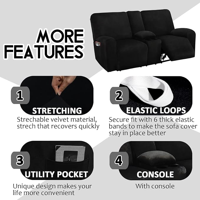 ULTICOR Reclining Loveseat with Middle Console Slipcover, 8-Piece Velvet Stretch Loveseat Reclining Sofa Covers, 2 Thick, Soft, Washable, Covers ONLY (Black)
