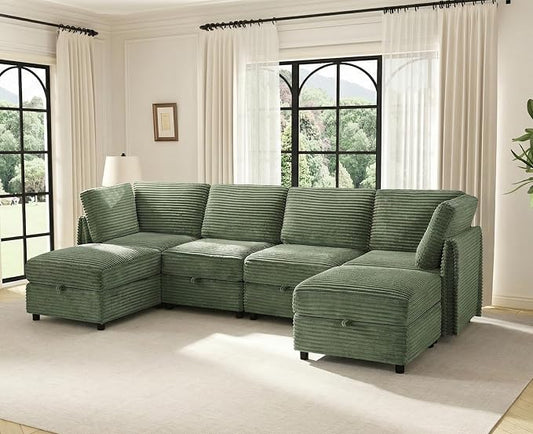 KKL Modular Sectional Couches for Living Room U-Shaped 6 Seater Couch with Storage Ottoman, Convertible L-Shaped Modular Sofa Plush Wide-Wale Corduroy Couch, Apartment, Modern Design, Green