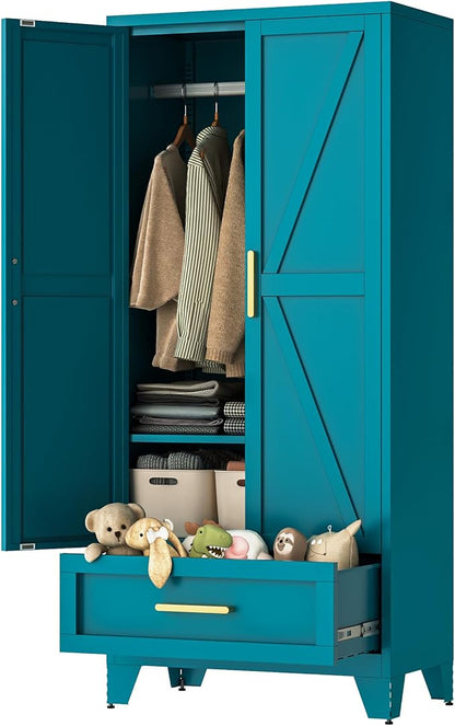LCAOPC 71" Tall Metal Wardrobe Cabinet with Drawer and Hanging Rod, 2 Doors Armoire Wardrobe Closet with Shelf for Bedroom, Office, Laundry Room, Blue