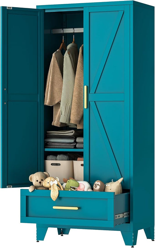 LCAOPC 71" Tall Metal Wardrobe Cabinet with Drawer and Hanging Rod, 2 Doors Armoire Wardrobe Closet with Shelf for Bedroom, Office, Laundry Room, Blue