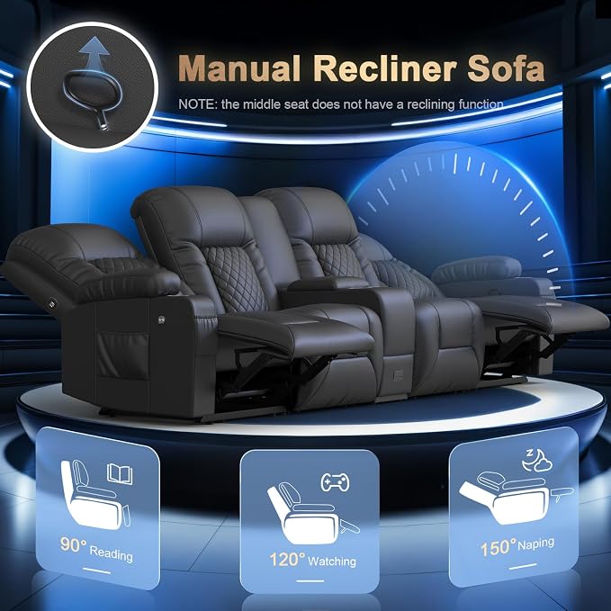 Recliner Sofa, Home Theater Seating with Center Console, 4 Seat Reclining Couch with USB Ports & Phone Holders, Wall Hugger RV Sofa Furniture Loveseat Recliner Couch with Storage & Pocket
