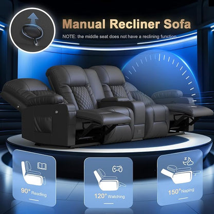 Recliner Sofa, Home Theater Seating with Center Console, 4 Seat Reclining Couch with USB Ports & Phone Holders, Wall Hugger RV Sofa Furniture Loveseat Recliner Couch with Storage & Pocket