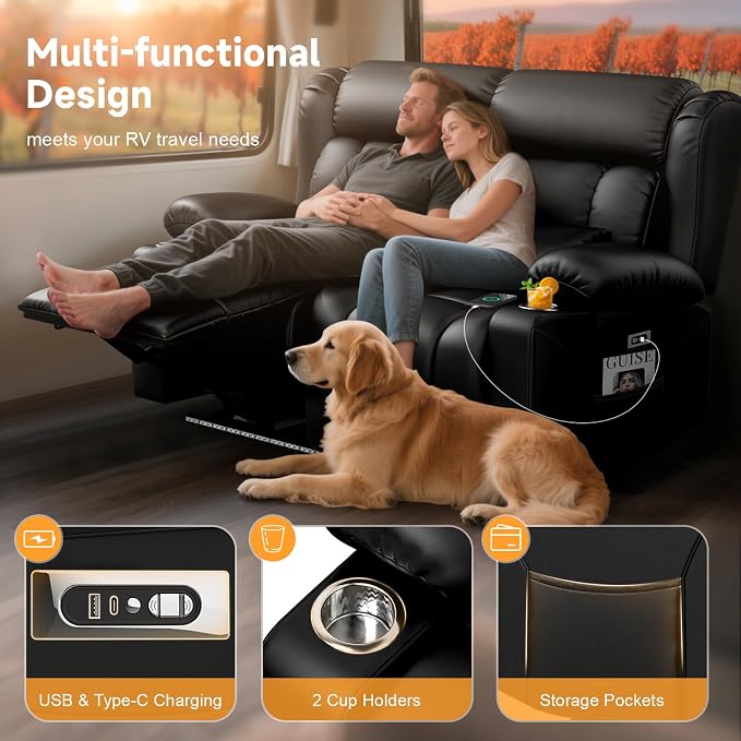 Power RV Loveseat Recliner Sofa, Electric Reclining Loveseat RV Couch with USB & Type-C Ports, Zero Wall Hugger RV Furniture with Storage & LED Light for Travel Trailers Home Theater Seating