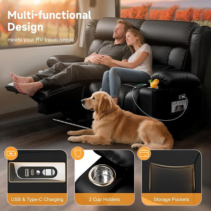Power RV Loveseat Recliner Sofa, Electric Reclining Loveseat RV Couch with USB & Type-C Ports, Zero Wall Hugger RV Furniture with Storage & LED Light for Travel Trailers Home Theater Seating