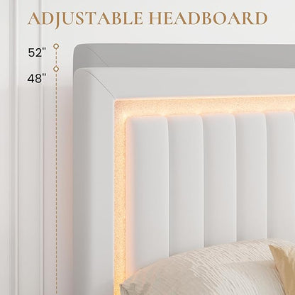 SHA CERLIN King Size Velvet Bed Frame with LED Light, Adjustable Vertical Channel Tufted Headboard, Strong Wooden Slats Support, Noise-Free, No Box Spring Needed, White