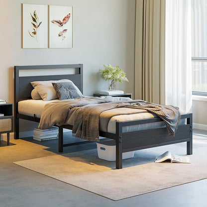 BOFENG Black Twin Bed Frame with Wood Headboard,Metal Single Platform Bed Frame Twin Size No Box Spring Needed,Heavy Duty Metal Slats Support,Noise Free,Single Bed Base,Easy Assembly