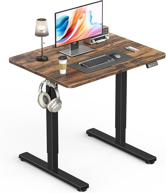 Standing Desk, Height Adjustable Electric Stand up Desk, 31.5 x 24 Inches Sit Stand Home Office Desk with Splice Board, Black Frame/Rustic Brown Top