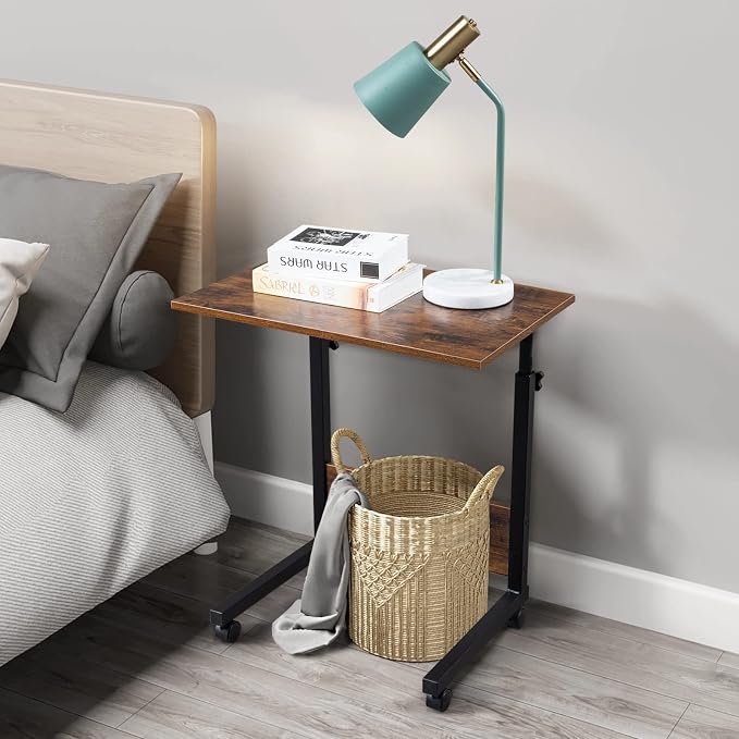 TV Tray Bed Side Table, Portable Rolling Desk Hospital Bed Laptop Table, Small Standing Desk with Wheels Adjustable Height for Sofa, Bedside, Tablet Use, Secure Non Tilt, 23.6" W, Brown