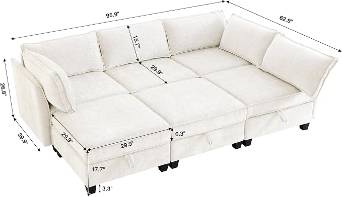 ORRD Sleeper Modular Sectional Sofa Set, Convertible Couch Bed with Storage, 6 Seater and 3 Armrestes Sofa Modular for Living Room, Office (Beige)