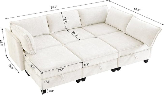 ORRD Sleeper Modular Sectional Sofa Set, Convertible Couch Bed with Storage, 6 Seater and 3 Armrestes Sofa Modular for Living Room, Office (Beige)