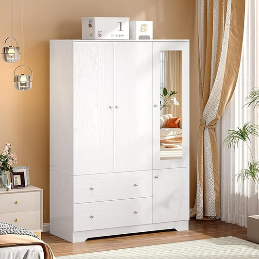 VINGLI Armoire Wardrobe Closet with Doors and Mirror,47"W Wardrobe Cabinet Wooden with Hanging Rod & Shelves Inside, 4 Door Bedroom Armoires with Drawers, Modern White Freestanding Armoire for Bedroom