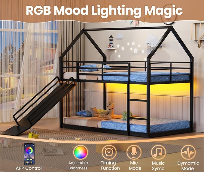 Twin Over Twin Bunk Bed with Slide 40° Gentle-Slope & LED Light, House-Shaped Low Bunk Bed Twin Size with 13.4" Extra-Tall Guardrail & Ladder, Heavy Duty, No Box Spring Needed, Easy Assembly, Black
