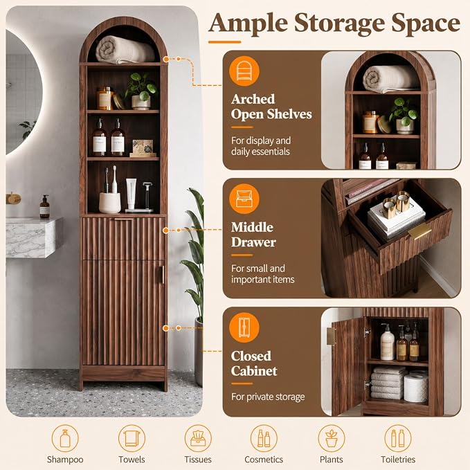 VINGLI Tall Bathroom Storage Cabinet, 66.9" Freestanding Narrow Linen Cabinet with Arched Open Shelves, Drawer & Door, Slim Skinny Wood Cabinet for Bathroom, Living Room, Entryway, Dark Walnut