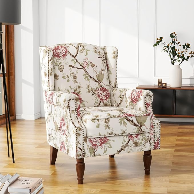 High Back Accent Chair, Fabric Wingback Chair Upholstered Armchair for Living Room - Beige Floral
