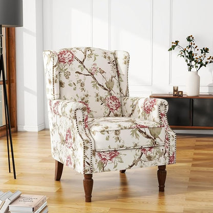 High Back Accent Chairs Set of 2, Floral Wingback Chair Fabric Upholstered Armchair for Living Room, Nailhead Trim Single Sofa Bedroom Reading Seat - Beige