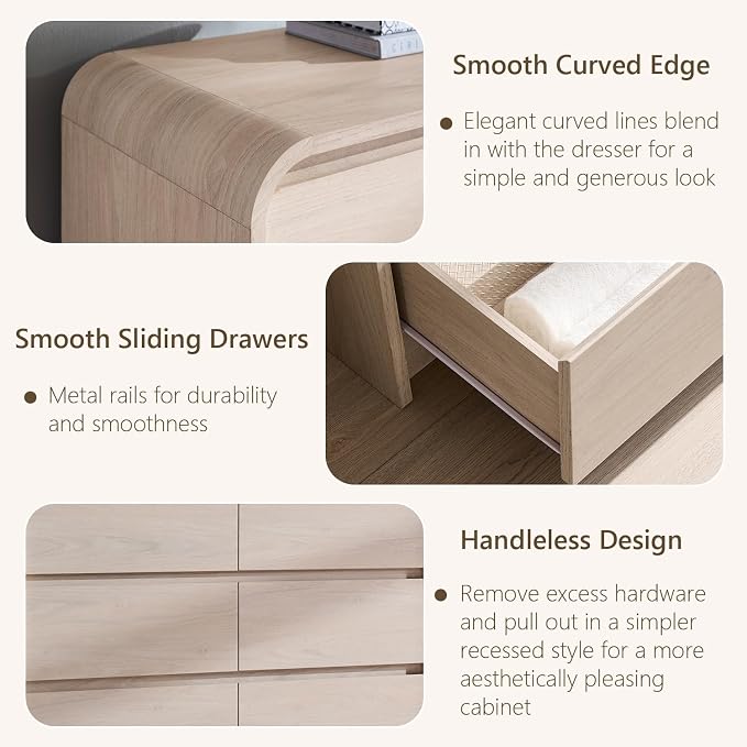 Aitjunz Modern 6 Drawers Dresser for Bedroom, 47" Wide Wood Dressers, Cream | Wooden Dressers & Chests of Drawers w/Curved Profile Design, Mid Century Dresser w/Handleless Design for Bedroom, Living Room