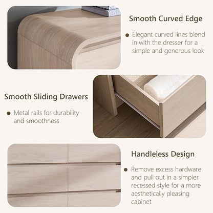 Aitjunz Modern 6 Drawers Dresser for Bedroom, 47" Wide Wood Dressers, Cream | Wooden Dressers & Chests of Drawers w/Curved Profile Design, Mid Century Dresser w/Handleless Design for Bedroom, Living Room