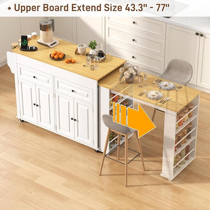 80"-48" Extendable Kitchen Island with Extended Dining Table and Power Outlet,Large Mobile Kitchen Storage Islands with 2 Storage Drawers,Rolling Islands Cart with 3 Extra Rows Open Shelves(White)
