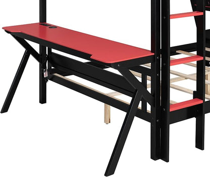 Merax Wooden Full Over Full Bunk Bed with 2 Side Desks, USB Desktop Ports and Pegboard Organizer, Gaming Bunk Bed for Gamer, Kids or Teens, No Box Spring Needed, Red