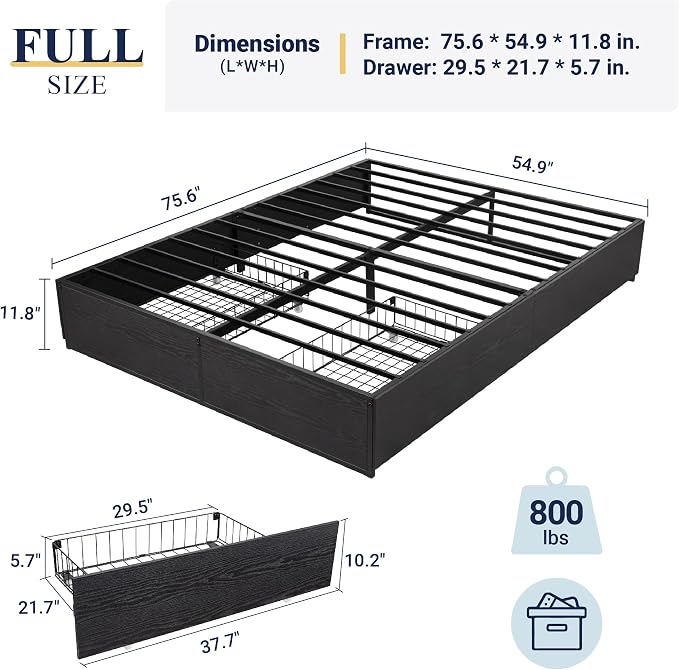 Allewie Full Size Metal Bed Frame with 2 Storage Drawers, Heavy-Duty Steel Frame with MDF Wood Panels, Flexible Drawer Placement, Easy Assembly, Noise-Free Support, Black