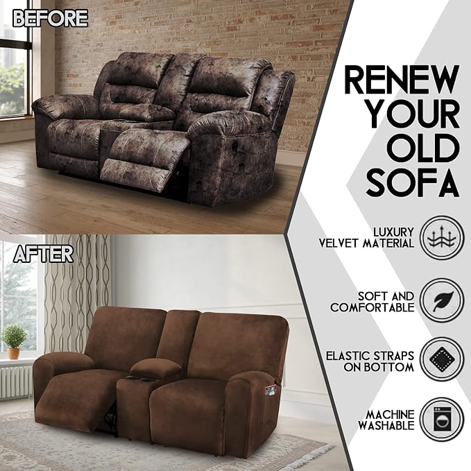 ULTICOR Reclining Love Seat with Middle Console Slipcover, 8-Piece Velvet Stretch 2 seat Loveseat Recliner Cover, Thick Soft, Washable (Chocolate)