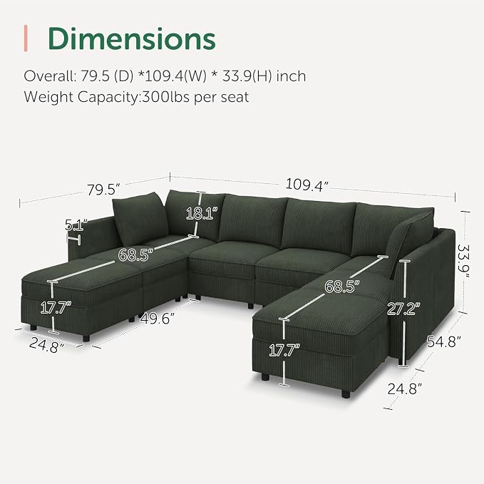 HONBAY Modular Sectional Sofa Couch with Storage, Modern U Shaped Sectional Sofa, Convertible Couches for Living Room - Green