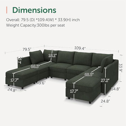 HONBAY Modular Sectional Sofa Couch with Storage, Modern U Shaped Sectional Sofa, Convertible Couches for Living Room - Green