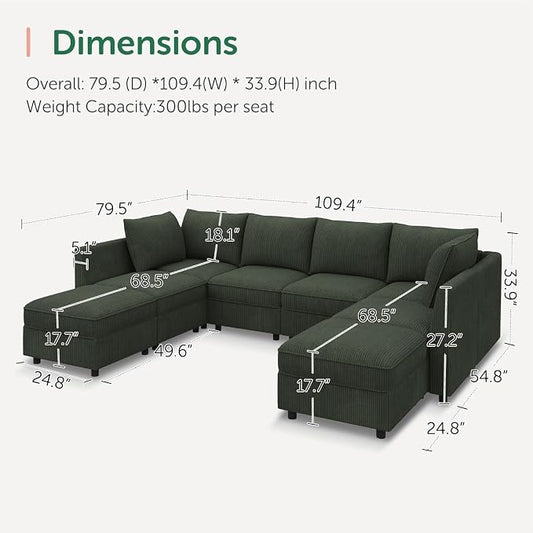 HONBAY Modular Sectional Sofa Couch with Storage, Modern U Shaped Sectional Sofa, Convertible Couches for Living Room - Green