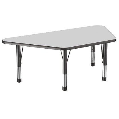 FDP Trapezoid Activity School and Classroom Kids Table (30 x 60 inch), Chunky Toddler Legs for Collaborative Seating Environments, Adjustable Height 15-24 inches - Gray Top and Black Edge