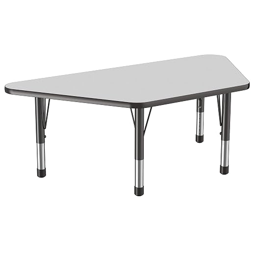 FDP Trapezoid Activity School and Classroom Kids Table (30 x 60 inch), Chunky Toddler Legs for Collaborative Seating Environments, Adjustable Height 15-24 inches - Gray Top and Black Edge