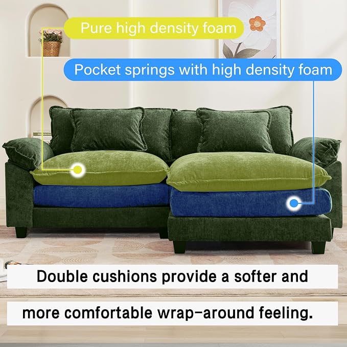 Oprisen 86" Modular Sectional Sofa, Comfy Cloud Couch Sectional Sofa with Ottoman, Chenille Sofa Sleeper Deep Seat Sofa with Throw Pillows for Living Room (Green, 86"- L Shape)